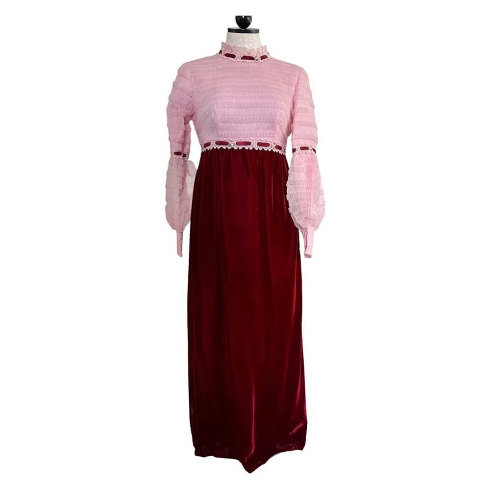 Vintage 1960's Juniors Formal Pink & Burgundy Long Dress Velvet & Nylon Size 7/8 - Picture 13 of 13